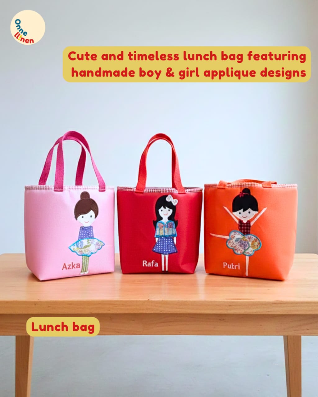 Lunch bag kotak Onnellinen dengan berbagai gambar aplikasi karakter anak laki-laki dan perempuan serta bordir nama personal.