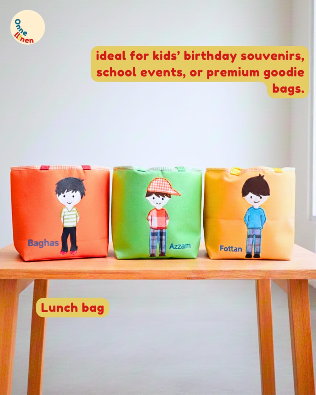 Lunch bag kotak Onnellinen dengan berbagai gambar aplikasi karakter anak laki-laki dan perempuan serta bordir nama personal.
