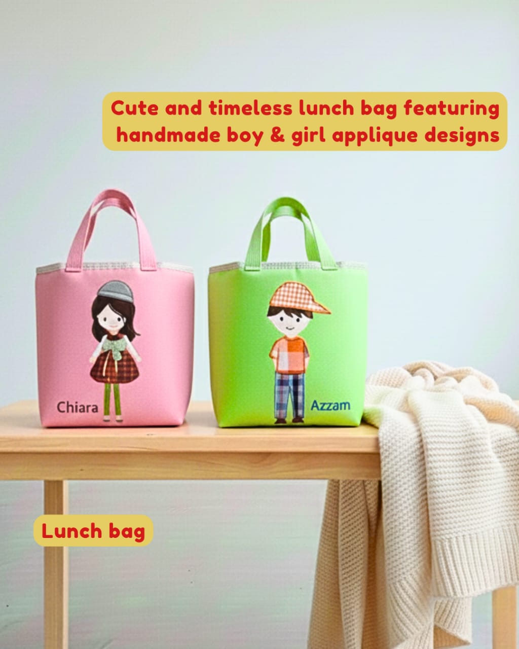 Lunch bag kotak Onnellinen dengan berbagai gambar aplikasi karakter anak laki-laki dan perempuan serta bordir nama personal.