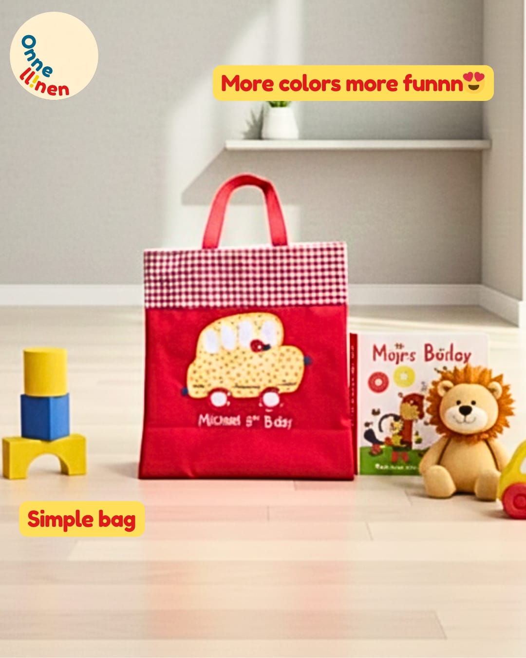 Simple bag anak warna cerah dengan aplikasi kain gambar bus sekolah kuning yang lucu dan jahitan bordir rapi.