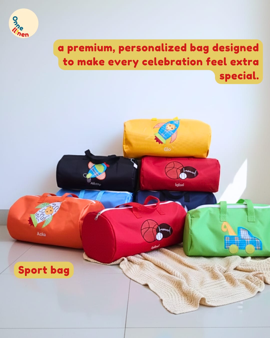 Koleksi Duffle Bag Anak Onnellinen dengan gambar aplikasi roket, mobil, dan tema olahraga serta custom nama anak.