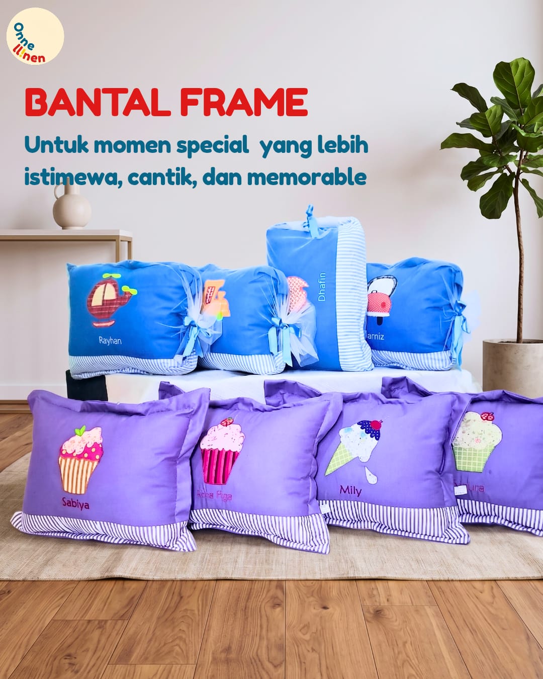 Souvenir ulang tahun bantal frame gambar transportasi dan cupcake - onnellinen