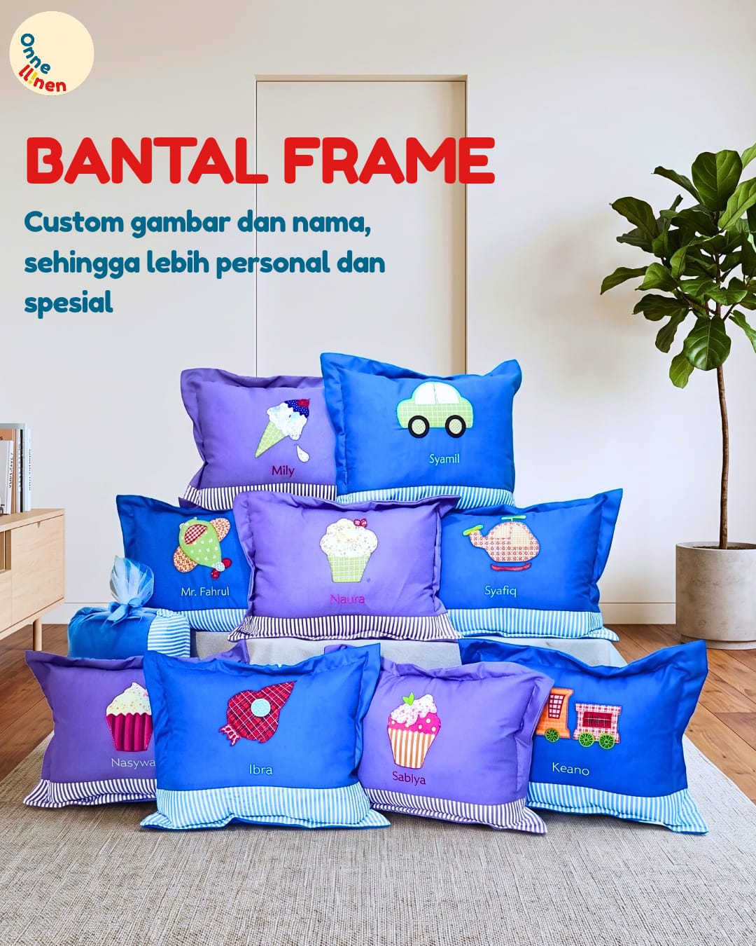Souvenir ulang tahun bantal frame gambar transportasi dan cupcake - onnellinen