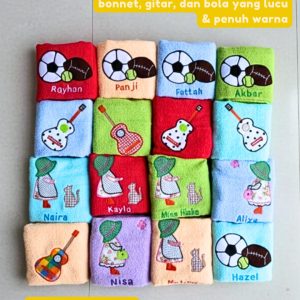souvenir handuk ulang tahun gambar alat musik, bonnet dan bola custom nama