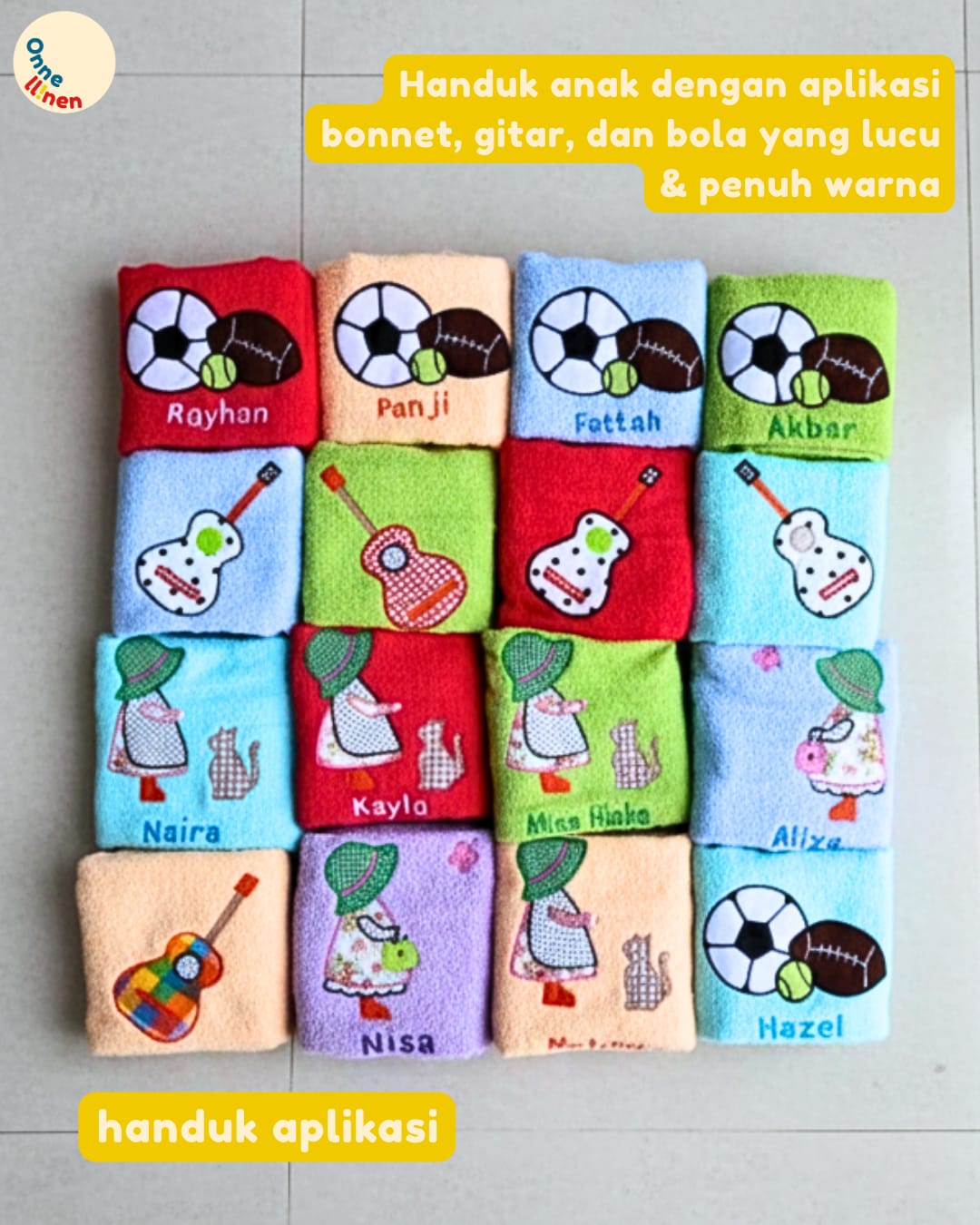 souvenir handuk ulang tahun gambar alat musik, bonnet dan bola custom nama