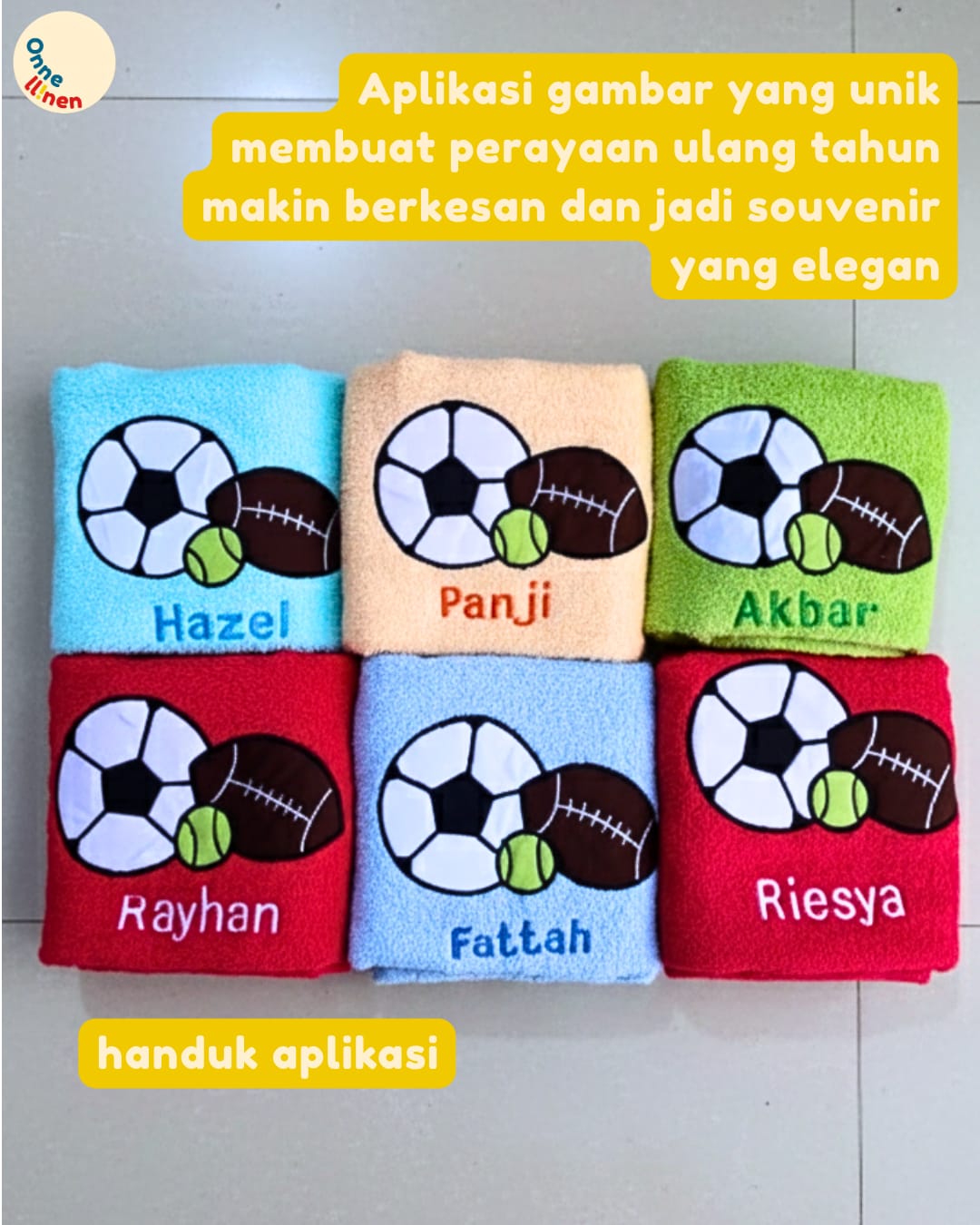 souvenir handuk ulang tahun gambar bola sepak, tenis dan rugbycustom nama