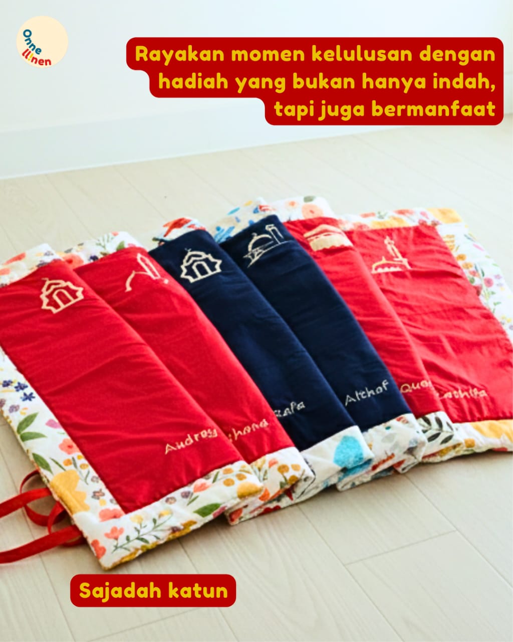 Souvenir sajadah katun eksklusif bertali bordir nama custom