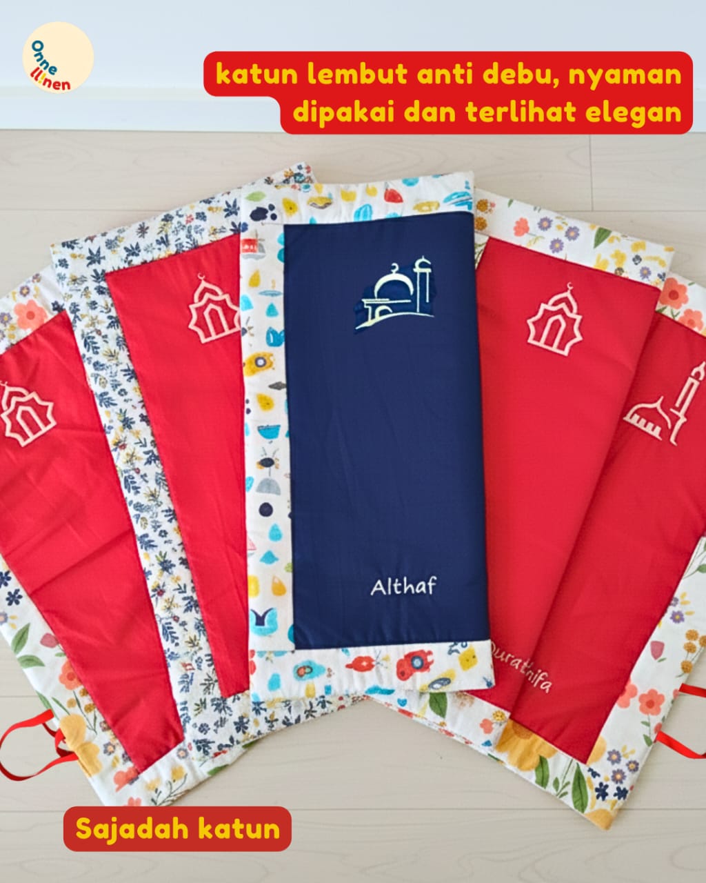 Souvenir sajadah katun eksklusif bertali bordir nama custom