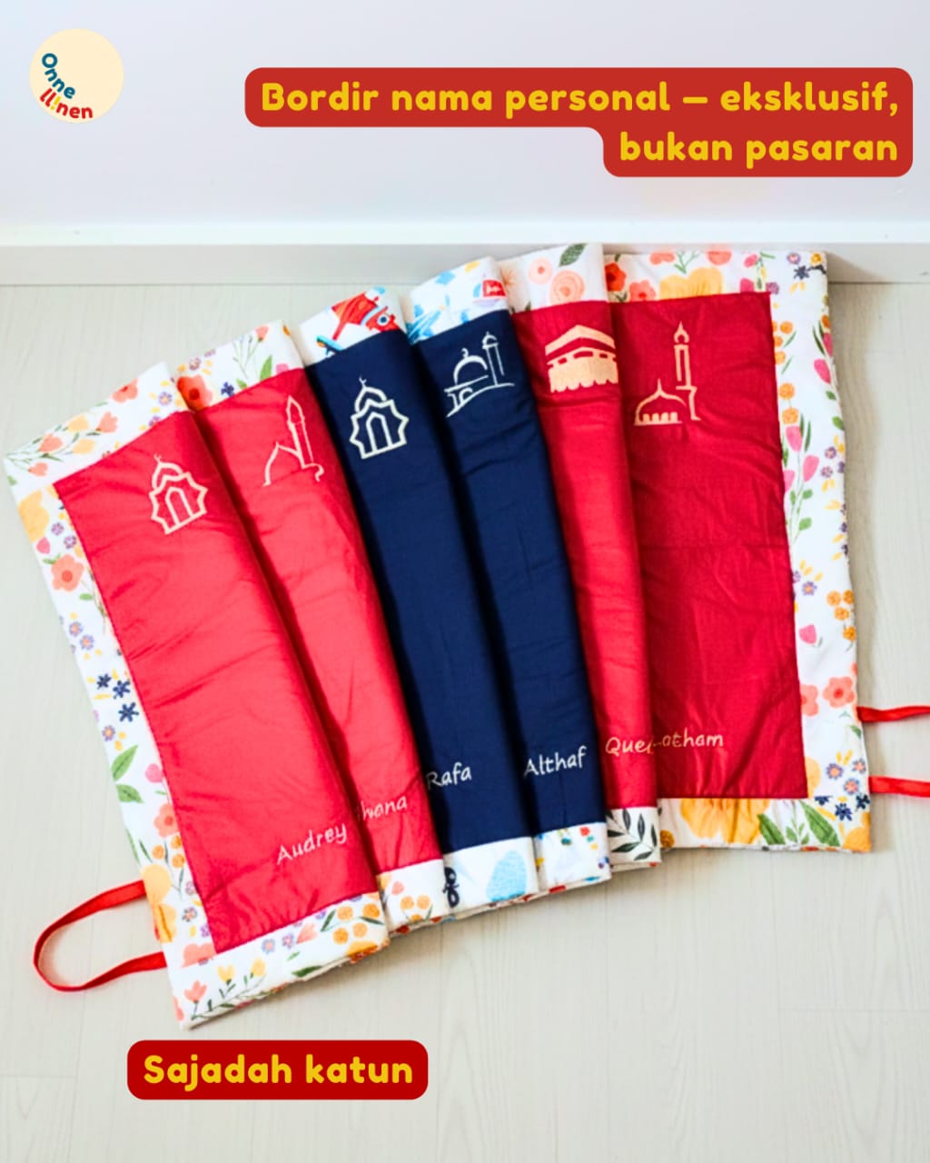 Souvenir sajadah katun eksklusif bertali bordir nama custom