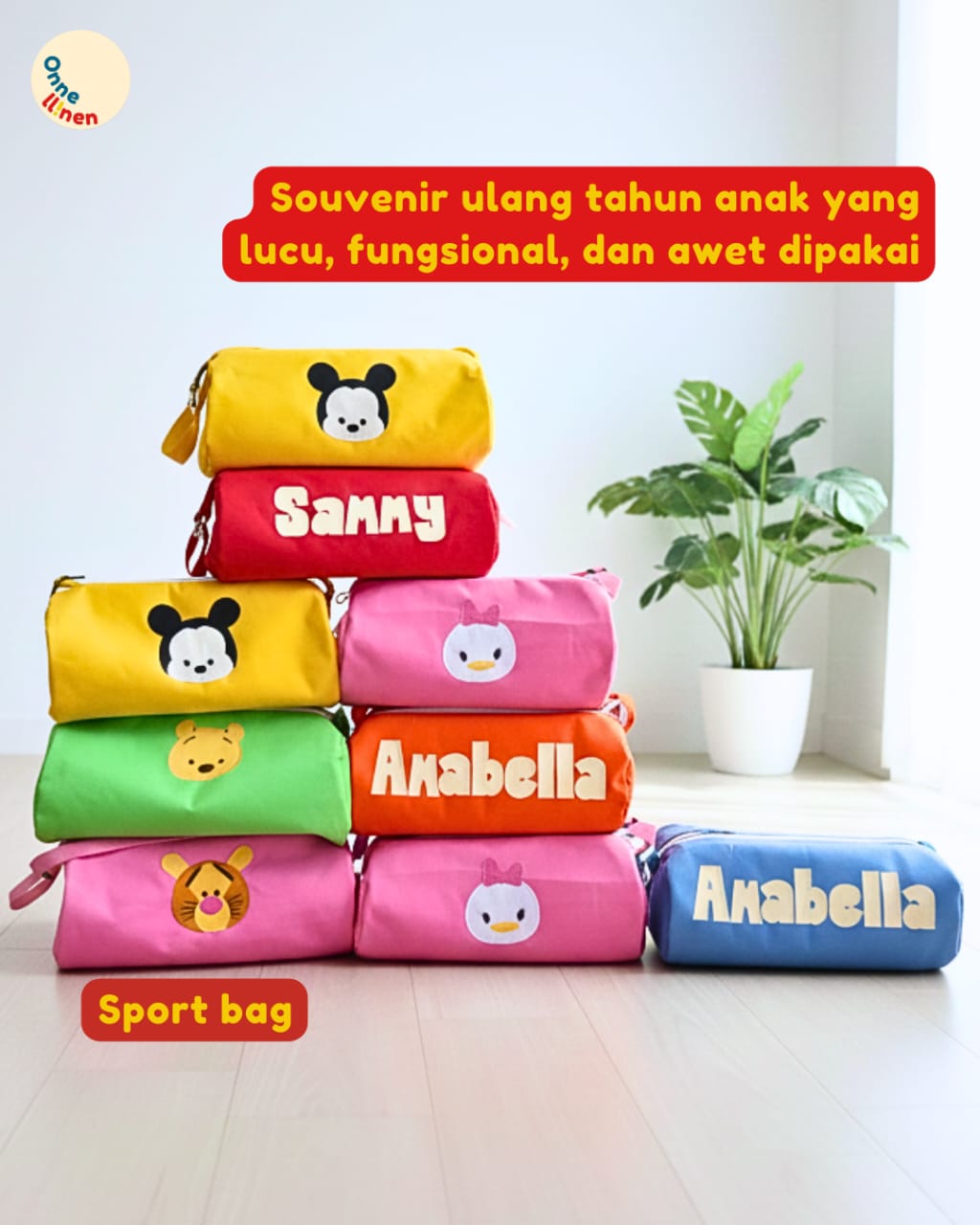 souvenir ulang tahun tas olahraga sport bag gambar disney tsum tsum custom nama