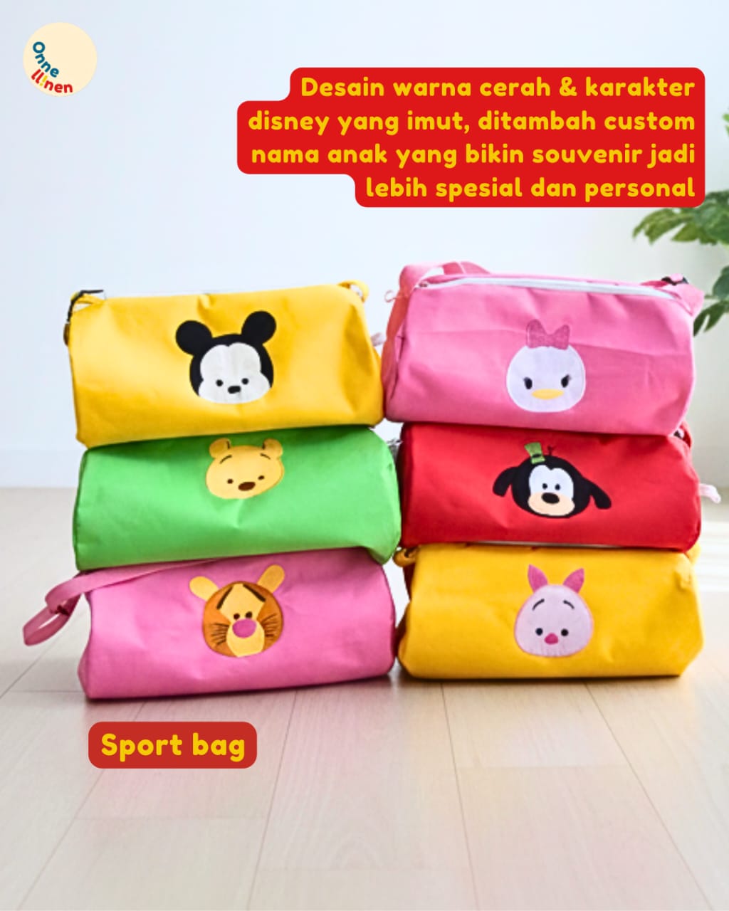 souvenir ulang tahun tas olahraga sport bag gambar disney tsum tsum custom nama