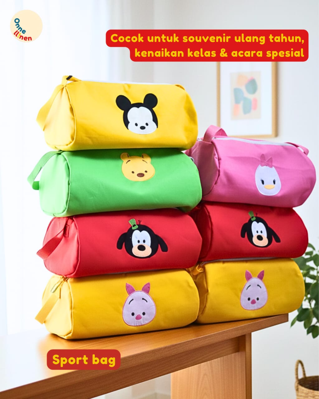 souvenir ulang tahun tas olahraga sport bag gambar disney tsum tsum custom nama