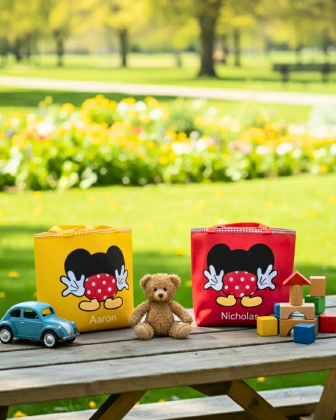 Lunch bag kotak dengan penutup serut motif karakter Mickey dan Minnie Mouse dari aplikasi kain handmade dan bordir nama anak.