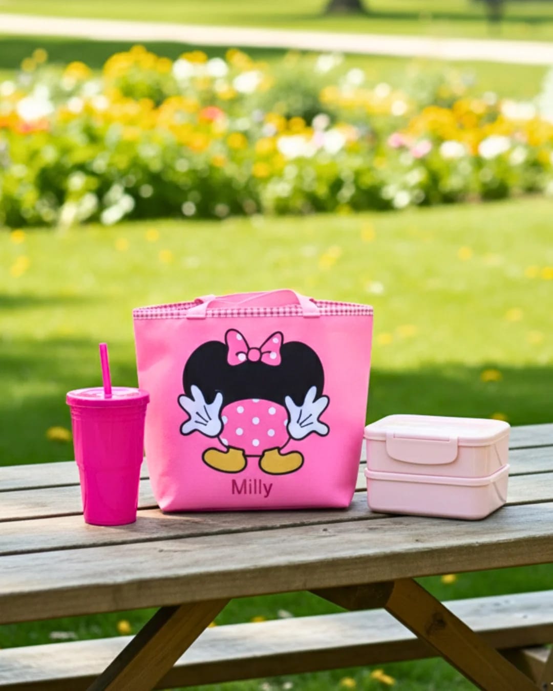 Lunch bag kotak dengan penutup serut motif karakter Mickey dan Minnie Mouse dari aplikasi kain handmade dan bordir nama anak.