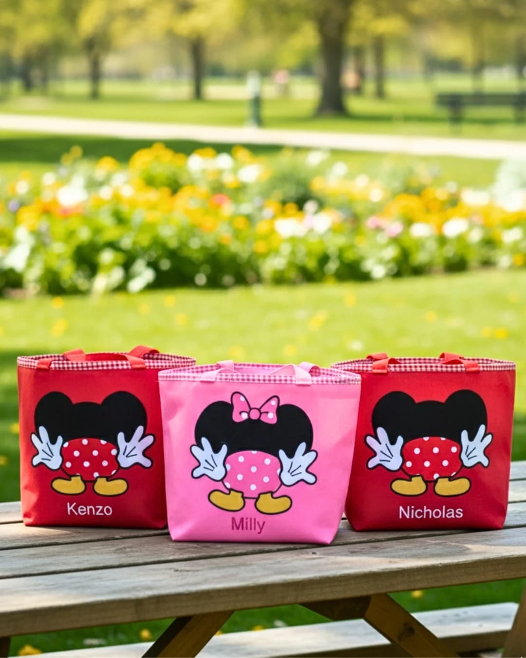 Lunch bag kotak dengan penutup serut motif karakter Mickey dan Minnie Mouse dari aplikasi kain handmade dan bordir nama anak.
