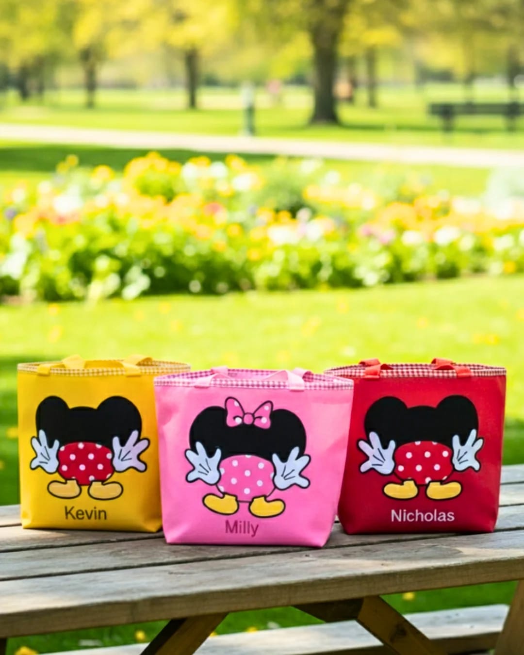 Lunch bag kotak dengan penutup serut motif karakter Mickey dan Minnie Mouse dari aplikasi kain handmade dan bordir nama anak.