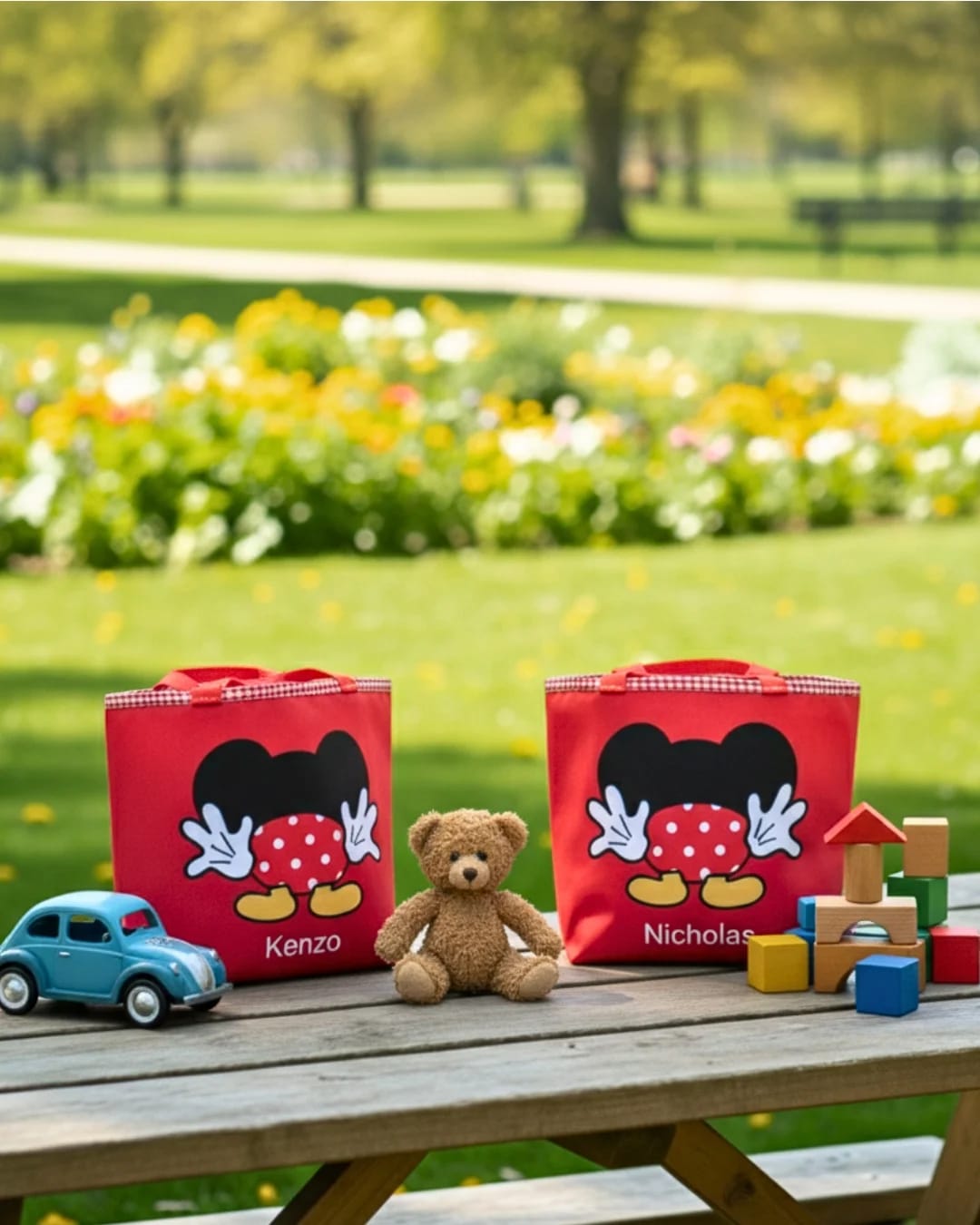 Lunch bag kotak dengan penutup serut motif karakter Mickey dan Minnie Mouse dari aplikasi kain handmade dan bordir nama anak.