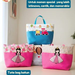 Souvenir ultah anak custom totebag katun gambar princess dan kereta apai
