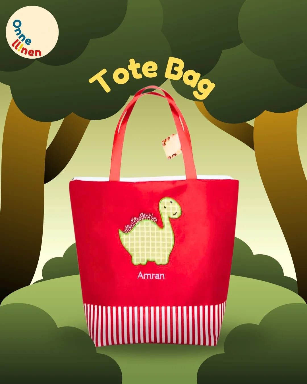 souvenir ulang tahun si kecil totebag custom gambar dinosaurus dengan nama