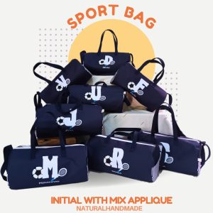Souvenir ultah unik sport bag bordir inisial nama dan gambar raket plus bola sepak