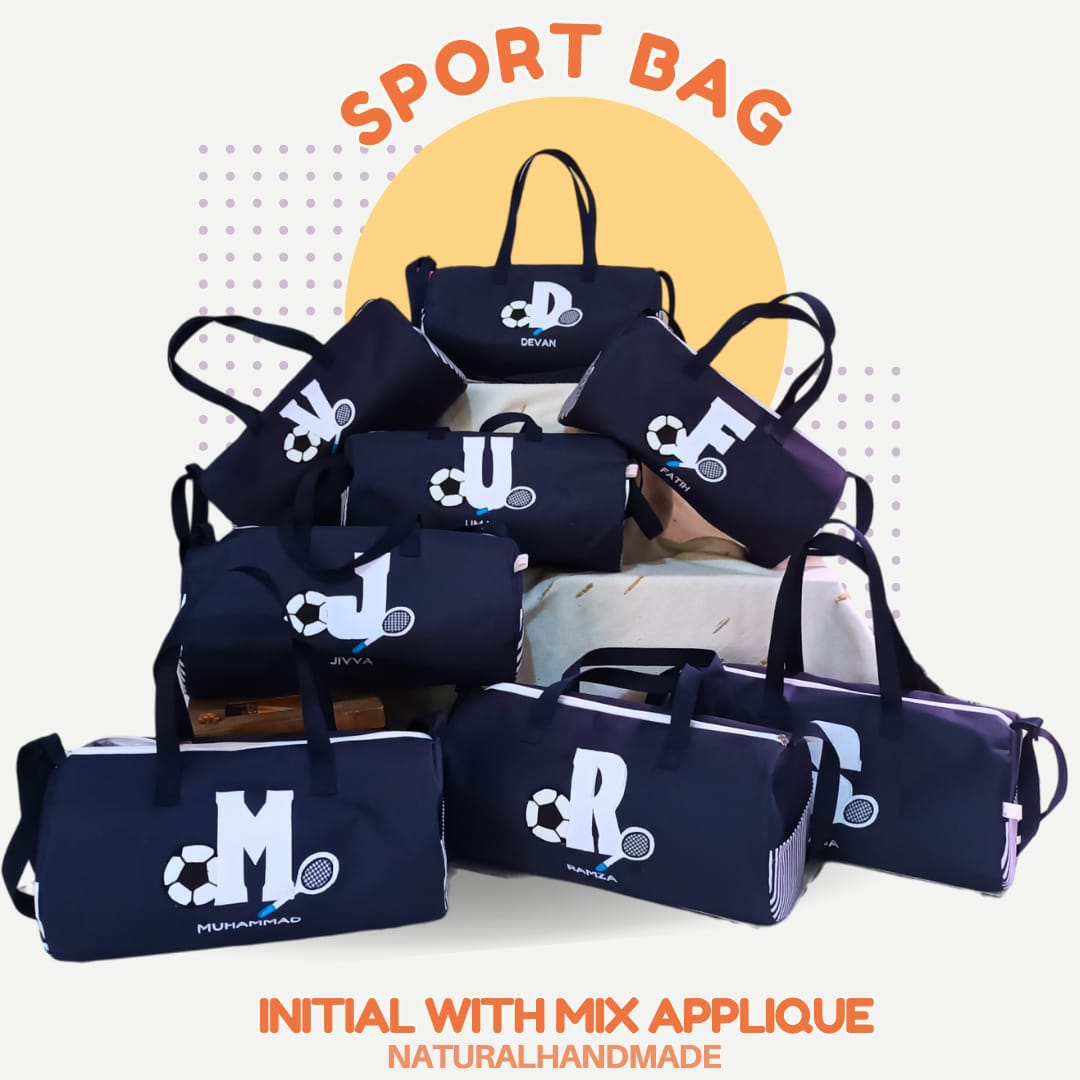Souvenir ultah unik sport bag bordir inisial nama dan gambar raket plus bola sepak