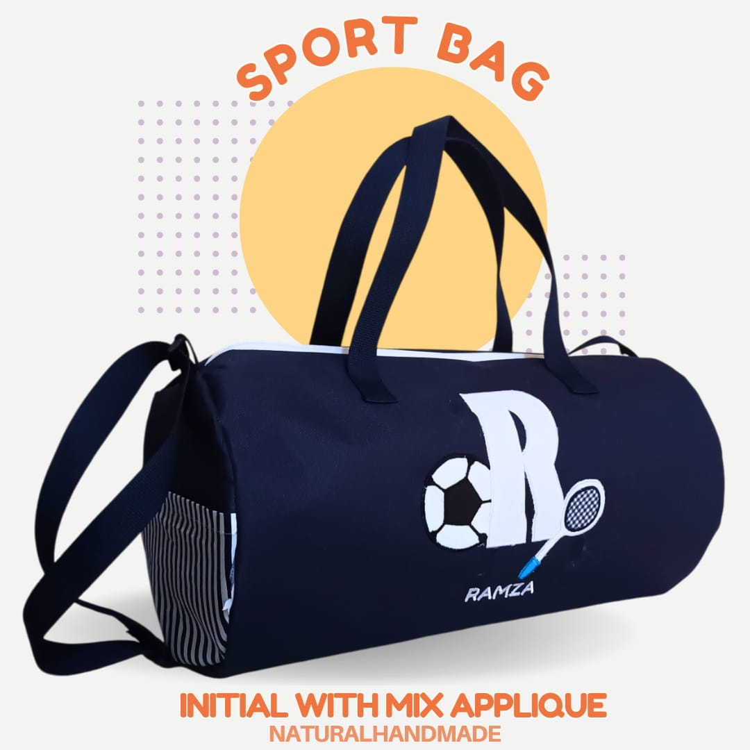 Souvenir ultah unik sport bag bordir inisial nama dan gambar raket plus bola sepak